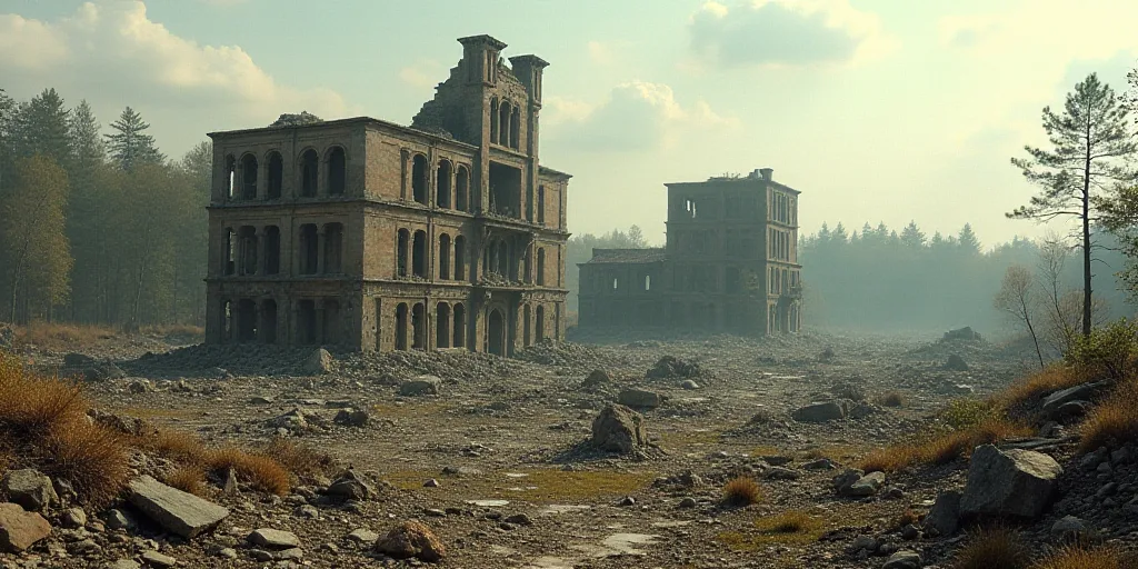 a large group of buildings that are in the middle of a field of rubble and trees in the background,