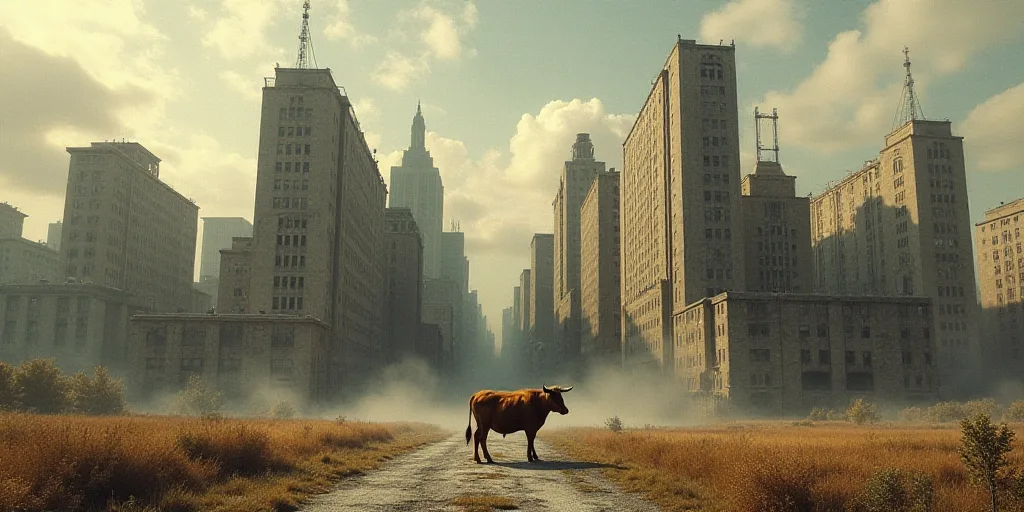 a large group of buildings that are in the middle of a city with a cow standing in front of them, De