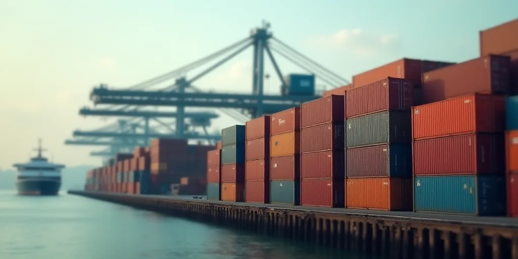 a large group of containers are stacked on a dock near a harbor with cranes and a boat in the backgr