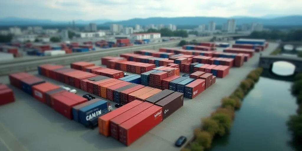 a large group of containers are parked in a lot next to a highway and a bridge with a city in the ba