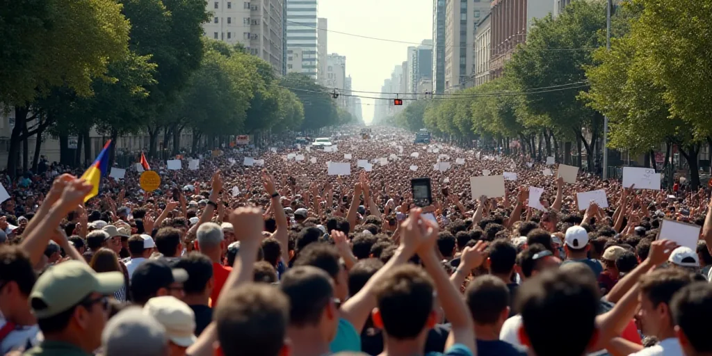 a large group of people are protesting in a city street with signs and banners on the side of the ro