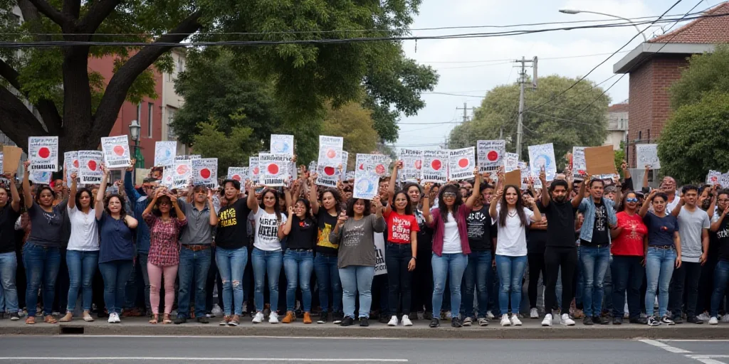 a large group of people are protesting in a protest on a street corner with signs and banners on the