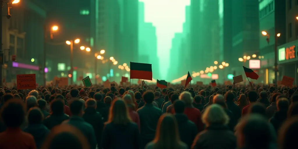 a large group of people holding signs and flags in a city street with buildings in the background an