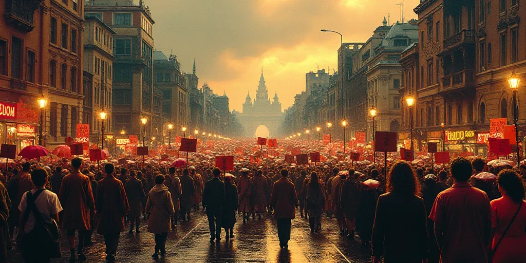 a large group of people holding signs and umbrellas in a street with a lot of people walking down th