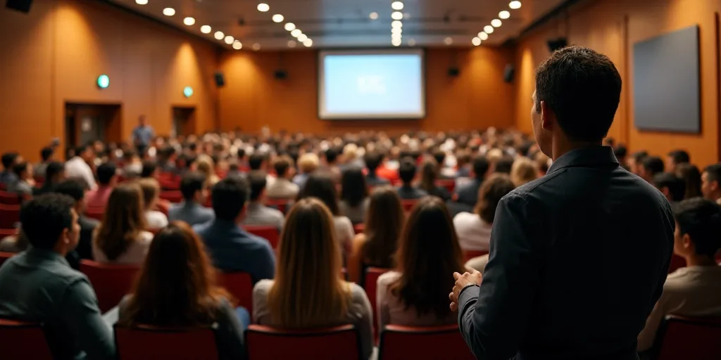 a large group of people sitting in chairs in a room with a speaker in the background and a speaker i