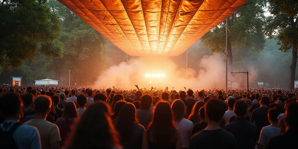 a large group of people standing under a canopy in a park area with a crowd of people standing aroun