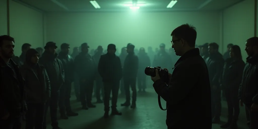 a large group of people standing in a room with a camera in front of them and a man holding a camera