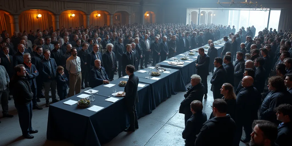 a large group of people standing around tables in a building with a crowd of people standing around