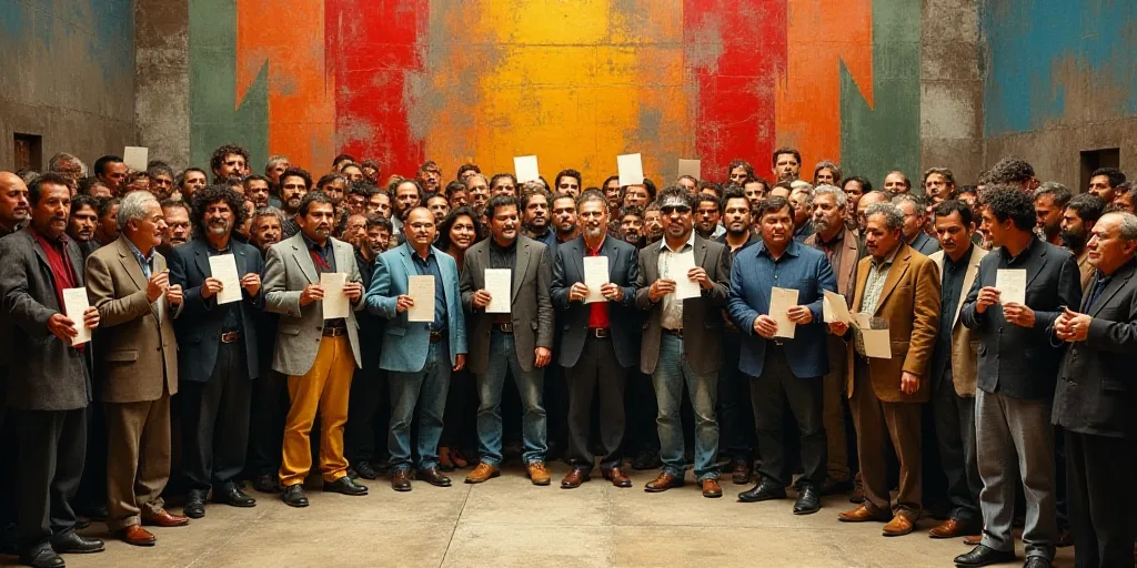 a large group of people standing in a room with a lot of people around them holding papers and posin
