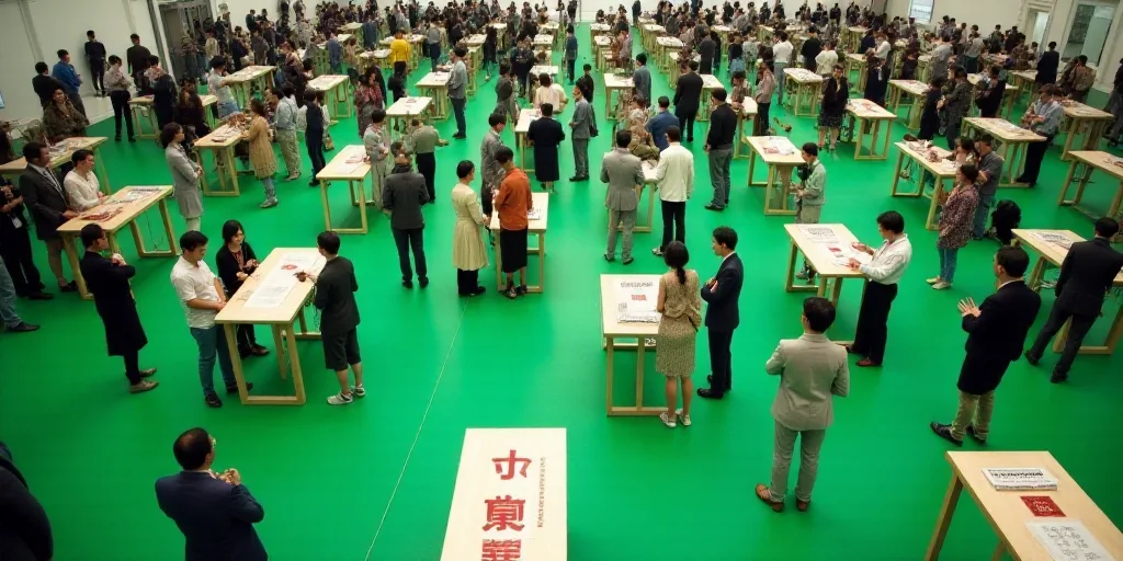a large group of people standing around tables with signs on them and a green floor with a green flo