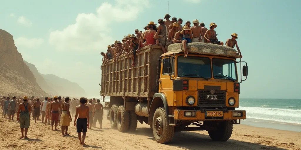a large group of people standing on top of a beach next to a truck filled with people wearing hats,