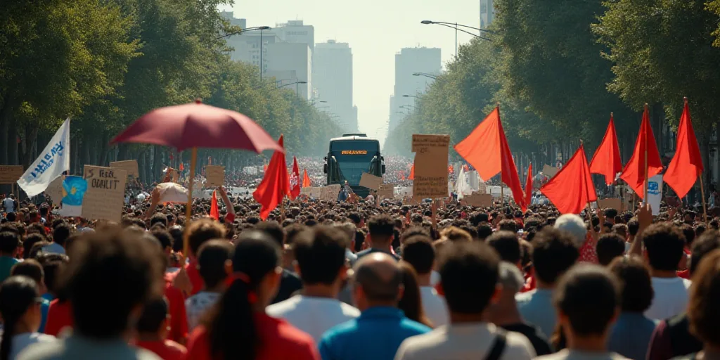 a large group of people walking down a street holding signs and umbrellas in the air and a bus in th