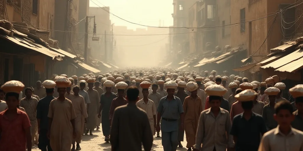 a large group of people walking down a street with bags on their heads and a crowd of people walking