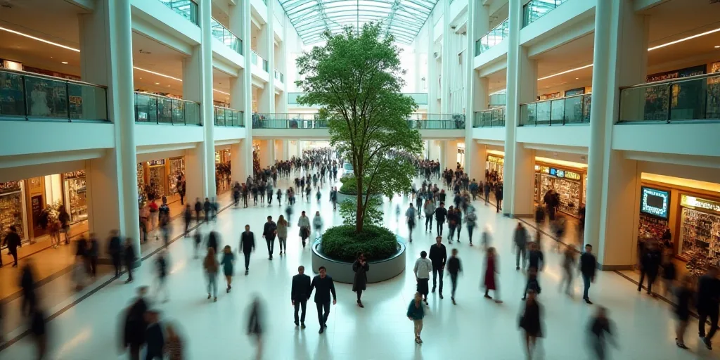 a large group of people walking through a mall with a lot of windows and a plant in the middle, Cefe