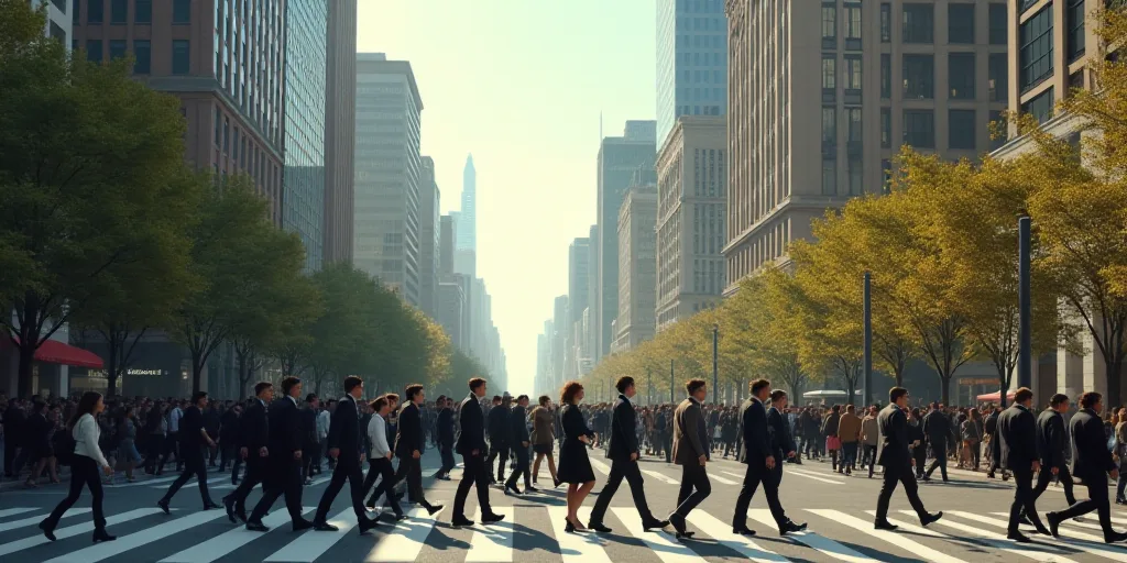 a large group of people walking across a street in a city with tall buildings and tall buildings in
