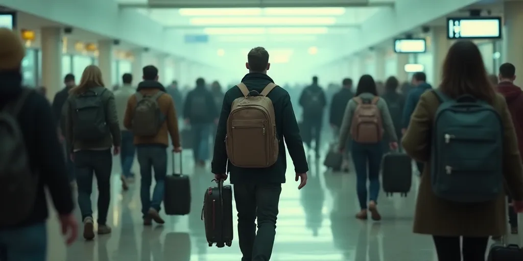 a large group of people walking through a terminal with luggage bags on their backs and a man with a