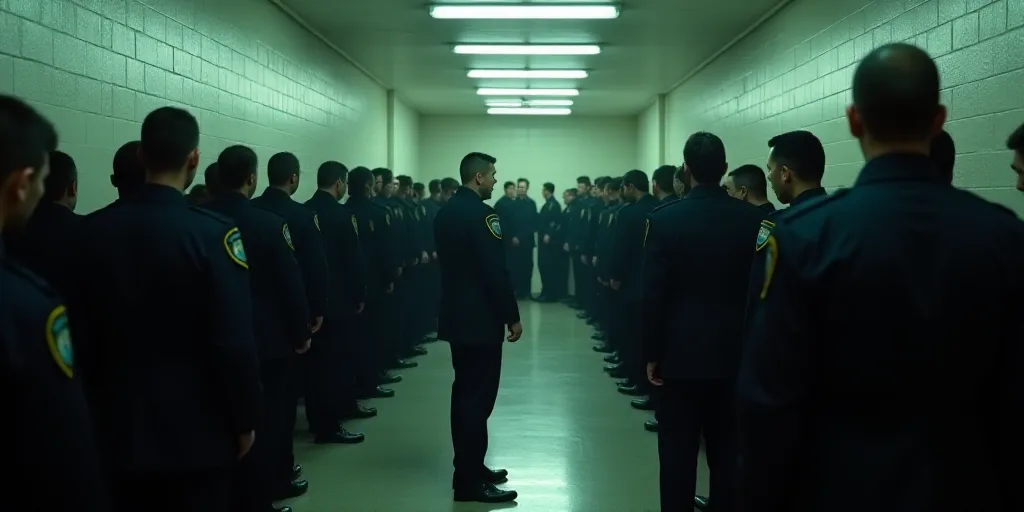 a large group of police standing in a hallway with a crowd of people standing around them in front o
