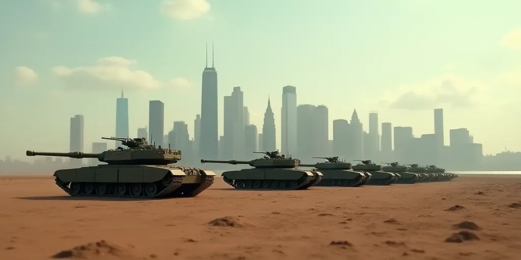 a large group of tanks sitting on top of a field of dirt covered ground next to a city skyline, Andr