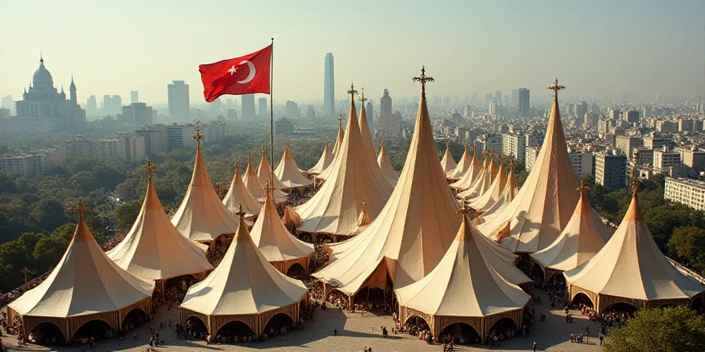 a large group of tents with a flag flying in the background of a city with tall buildings and a cath