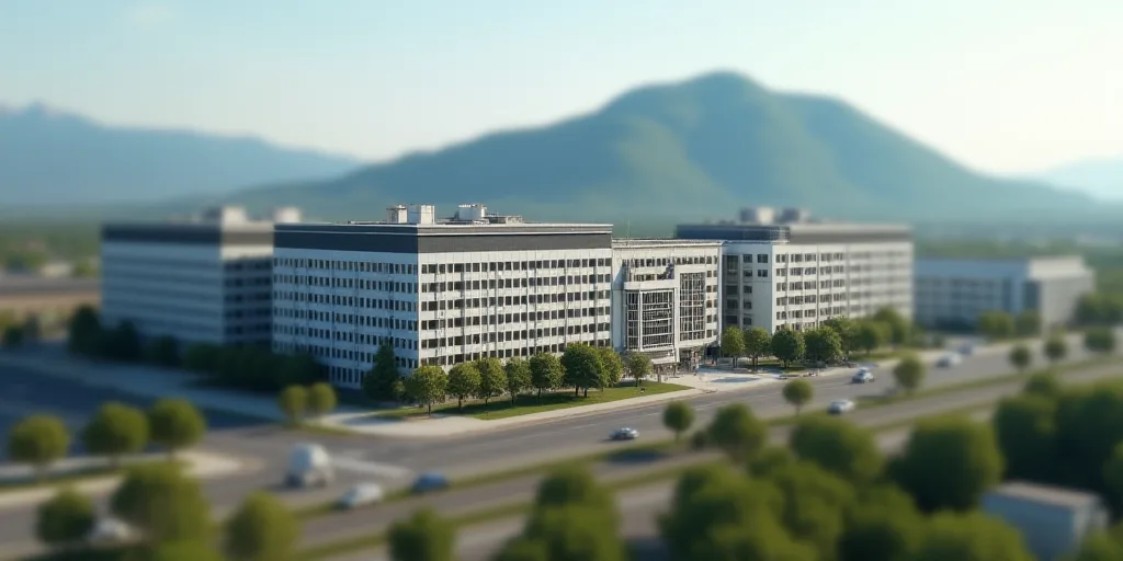a large industrial building with a lot of windows and roofing on top of it's sides and a mountain in