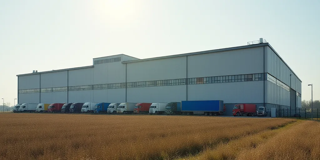 a large industrial building with many windows and a lot of trucks parked in front of it and a field,