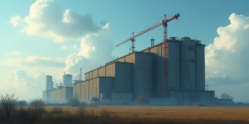 a large industrial building with a crane on top of it's roof and a sky background with clouds, Arkhi