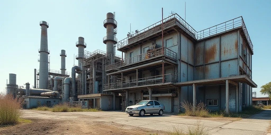 a large industrial plant with a lot of pipes and pipes on it's side and a car parked in front of it,