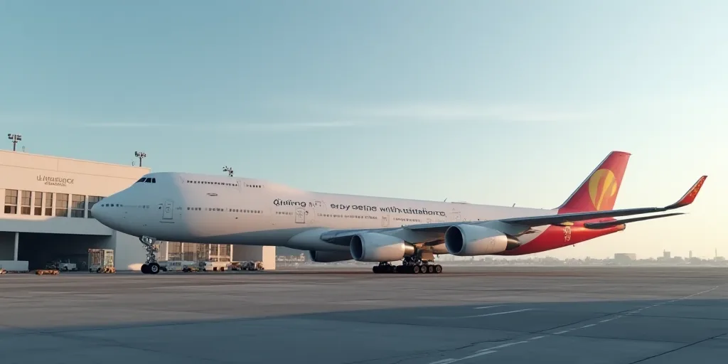 a large jetliner sitting on top of an airport runway next to a building with windows and a logo on i