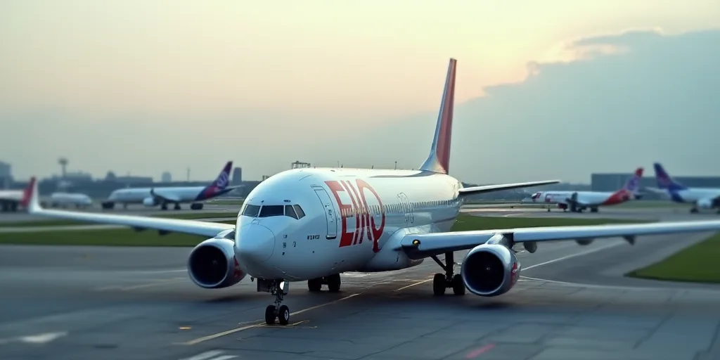 a large jetliner sitting on top of an airport tarmac next to other planes on the tarmac, Ei-Q, turna