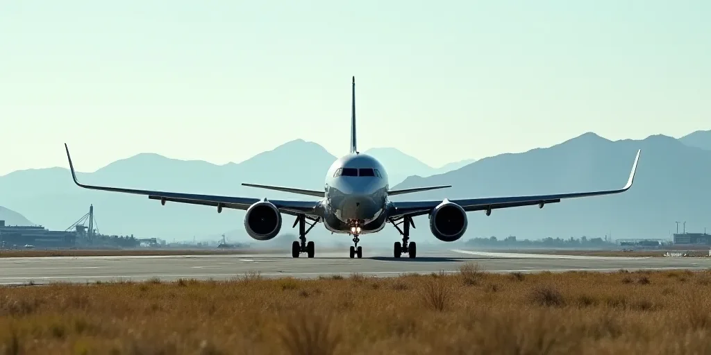 a large jetliner sitting on top of an airport runway next to mountains and grass in the background,,