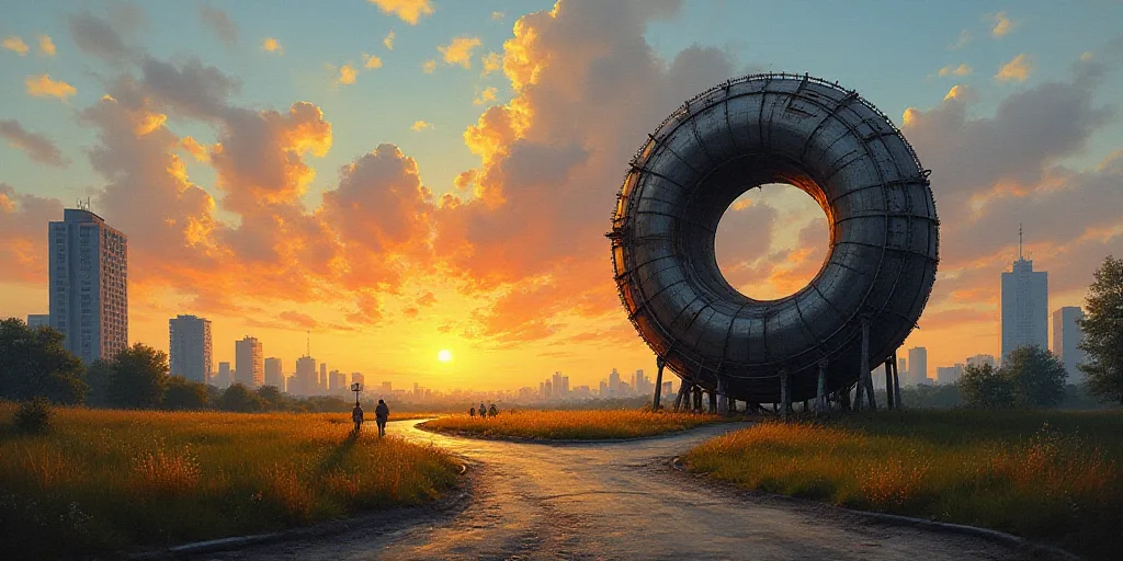a large metal structure with a sun setting behind it and a sky background with buildings in the back