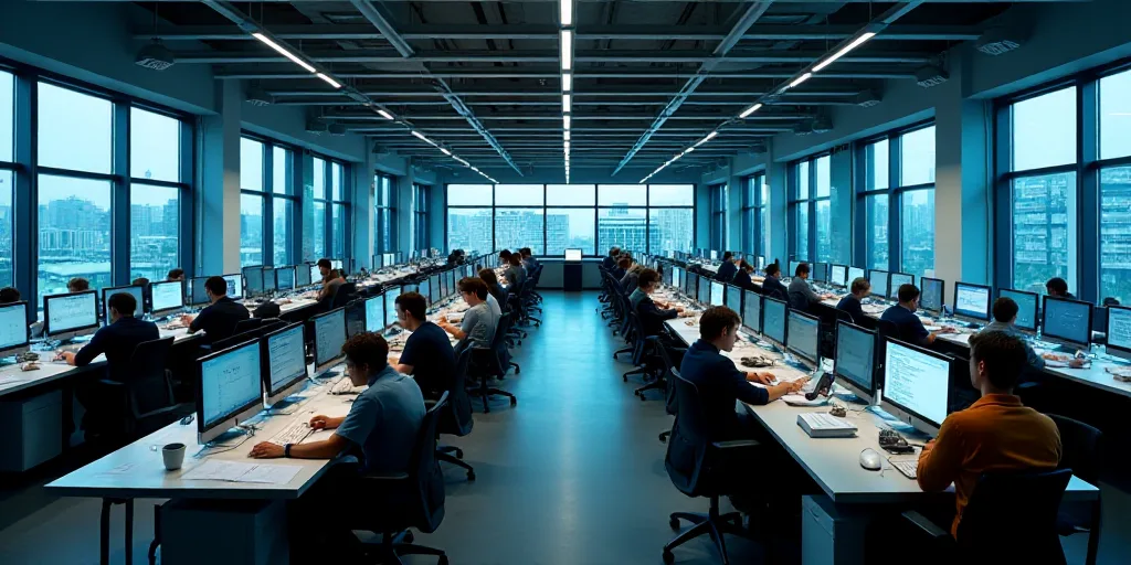 a large office with a lot of desks and monitors on the wall and people working on computers in the m