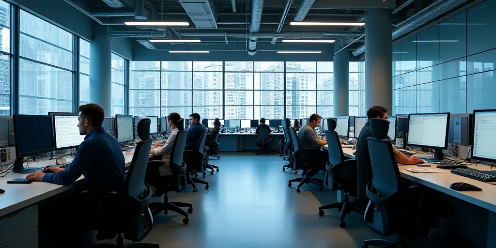 a large office with a lot of desks and monitors on the wall and people working on computers in the m