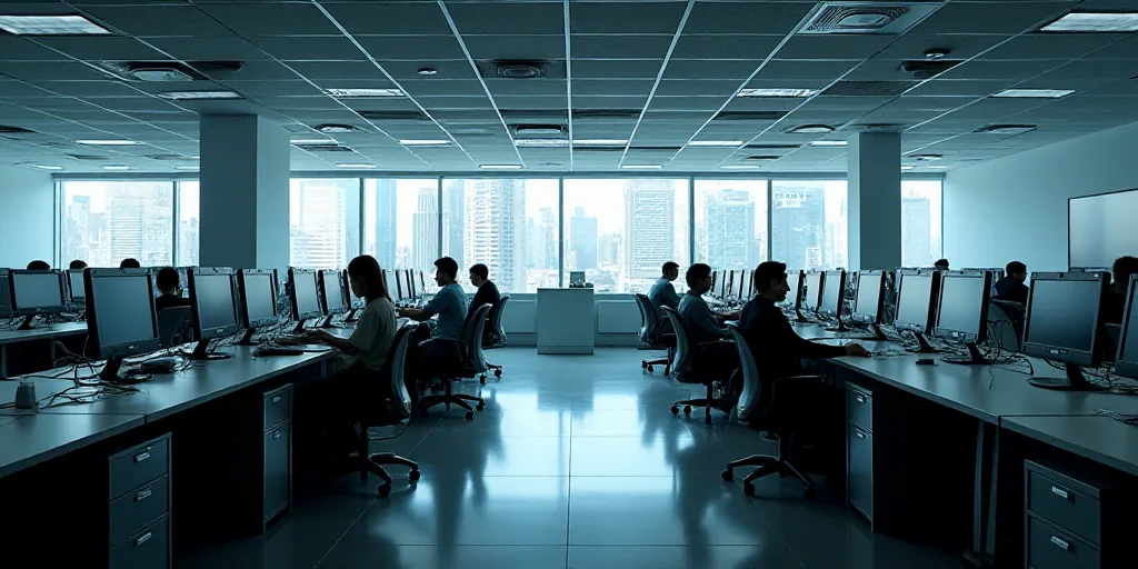 a large office with a lot of desks and monitors on the wall and people working on computers in the m