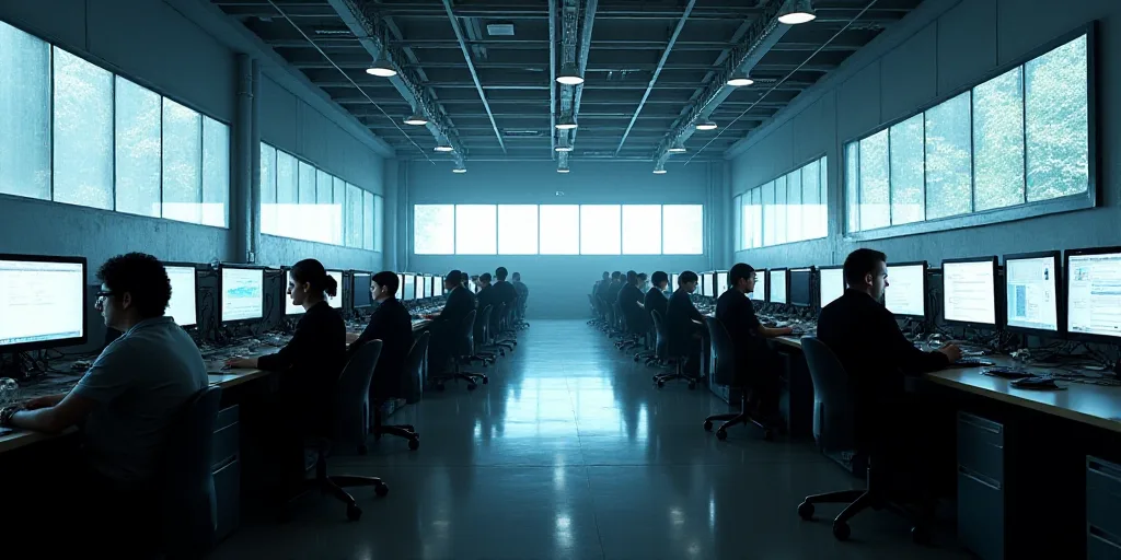 a large office with a lot of desks and monitors on the wall and people working on computers in the m