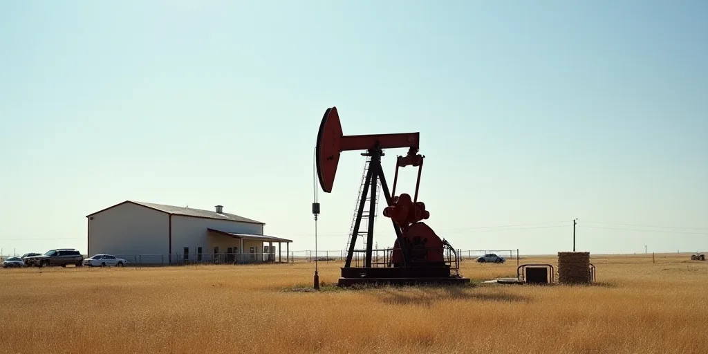 a large oil pump sitting in a field next to a building and a fenced in area with a few cars, Andries