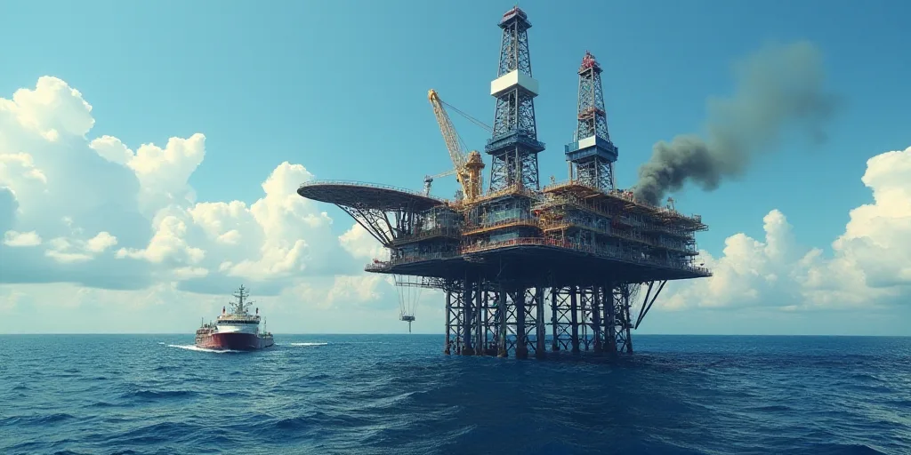 a large oil rig in the middle of the ocean with a boat in the water below it and a large oil rig in