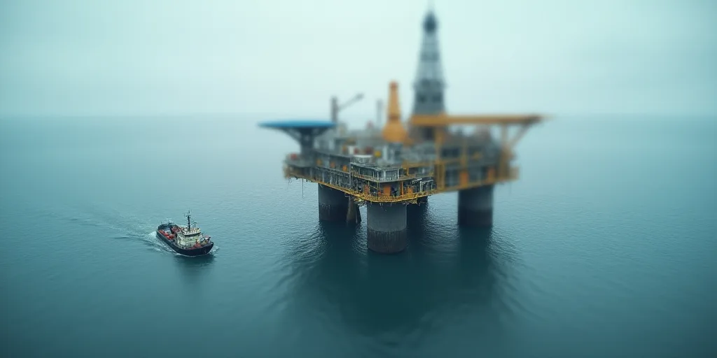 a large oil rig in the middle of the ocean with a boat nearby on the water and a barge in the middle