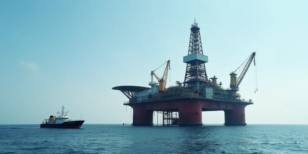 a large oil rig sitting on top of a large body of water next to a boat in the ocean, Andreas Gursky,