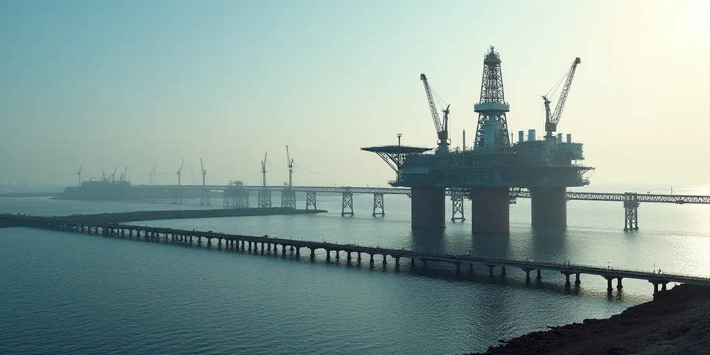 a large oil rig sitting on top of a large body of water next to a bridge over water with lots of cra