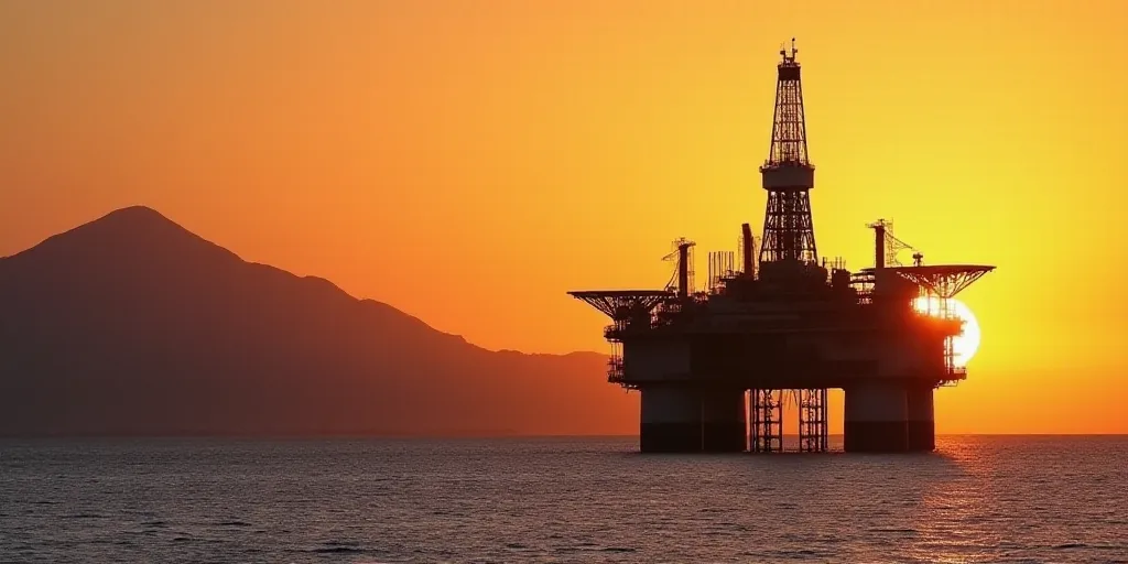 a large oil rig sitting on top of a large body of water at sunset with a mountain in the background,
