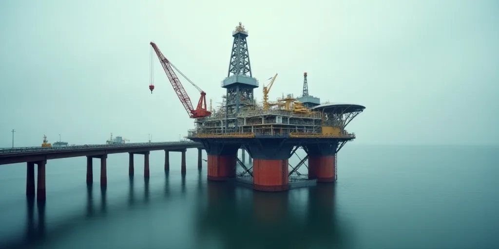 a large oil rig sitting on top of the ocean next to a bridge over water with a crane on top of it, B