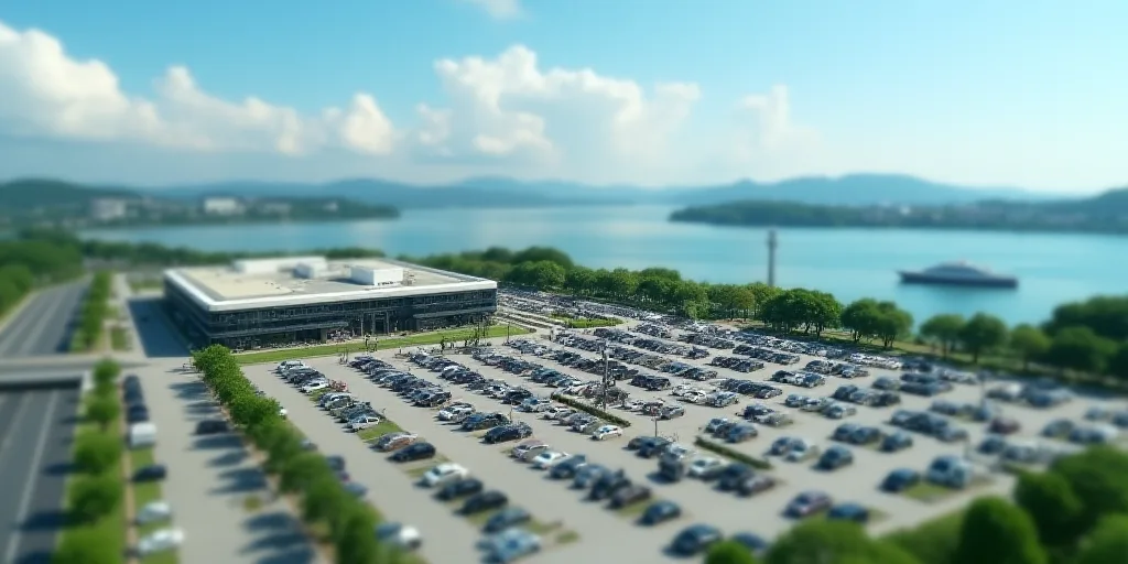 a large parking lot with a large building in the background and a body of water in the background wi