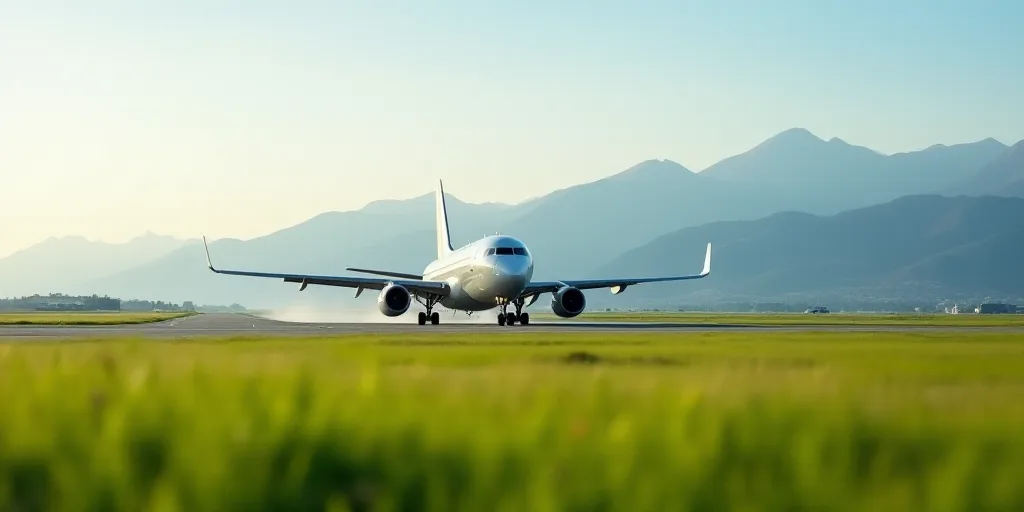 a large passenger jet sitting on top of an airport runway next to a lush green field and mountain ra