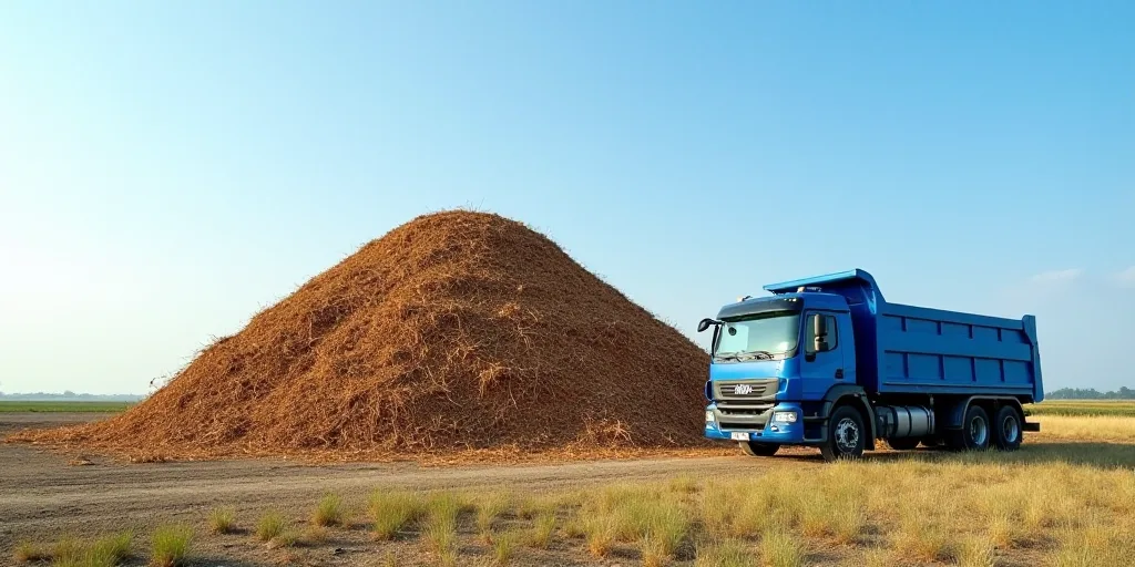 a large pile of wood sitting next to a blue truck on a field of grass and dirt with a blue sky in th