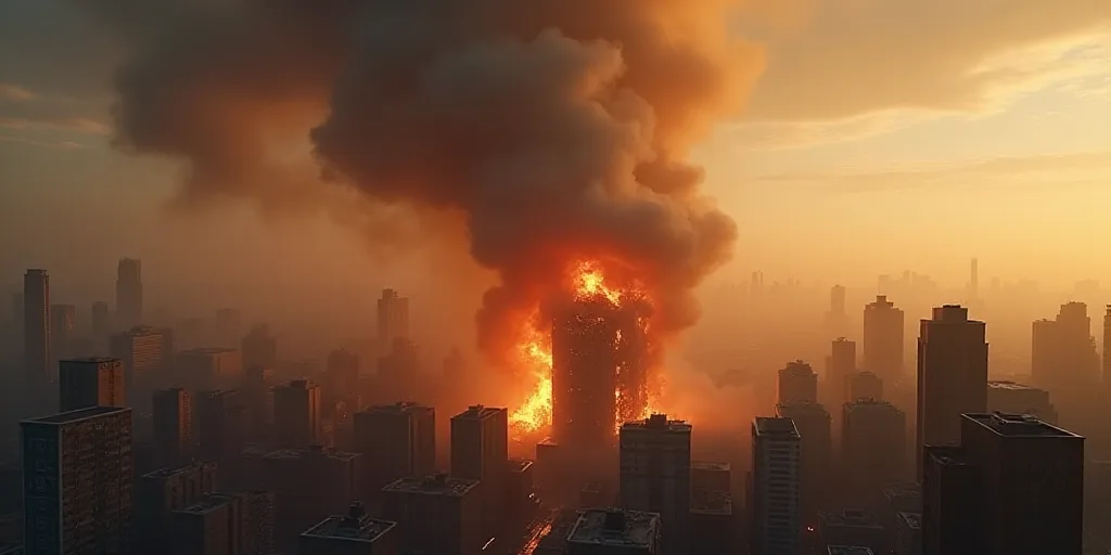 a large plume of smoke billows from a building in a neighborhood on fire as it erupts smoke, Anish K