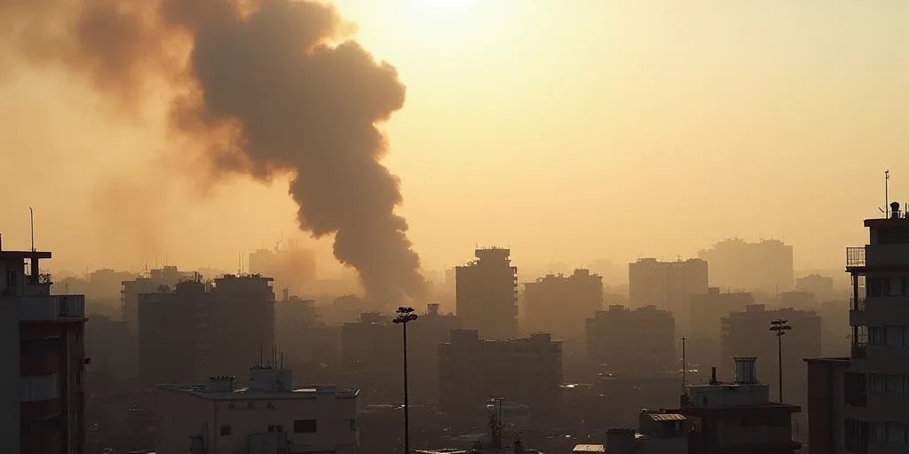 a large plume of smoke is billowing out of a building in the distance, with a few buildings in the f