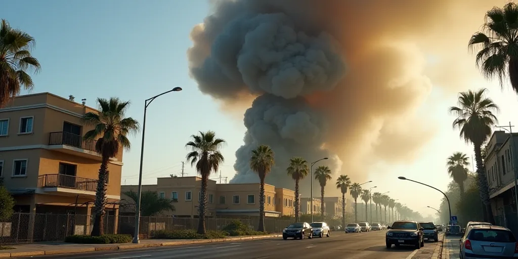 a large plume of smoke is billowing out of a building in a city street with palm trees and a few car