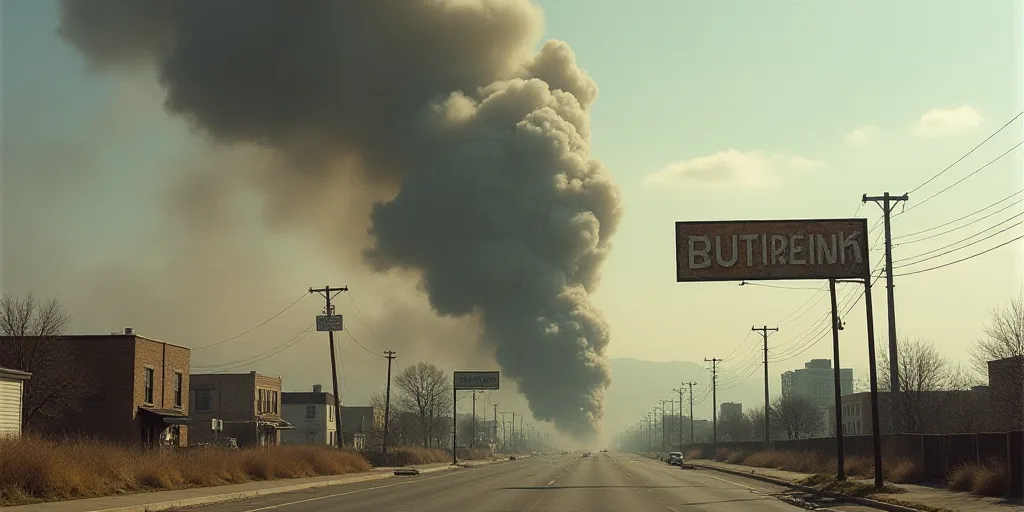 a large plume of smoke is coming out of a building in the city, with a sign in the foreground, Elbri