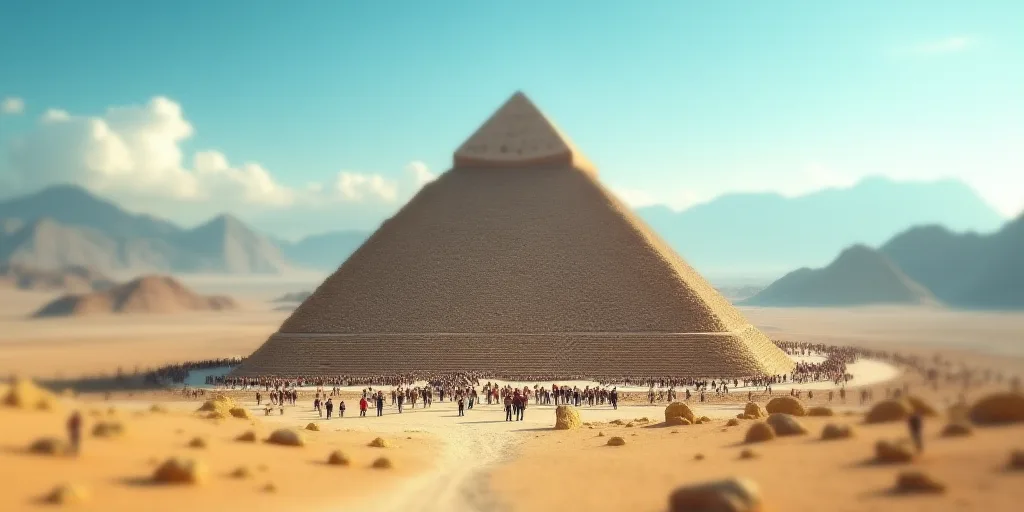 a large pyramid with many people walking around it in a desert area with mountains in the background